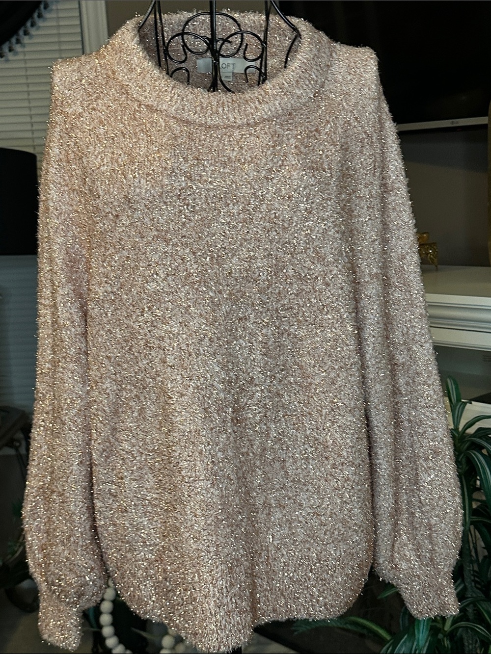 LOFT Sparkle Bouclé Turtleneck Sweater in Blush Gold
